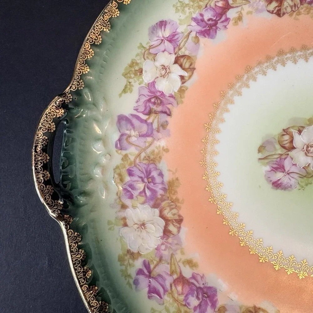 Antique Bavaria Z S & Co Floral Cake Plate Gold Trim Handles‎ Green Pink Peach
